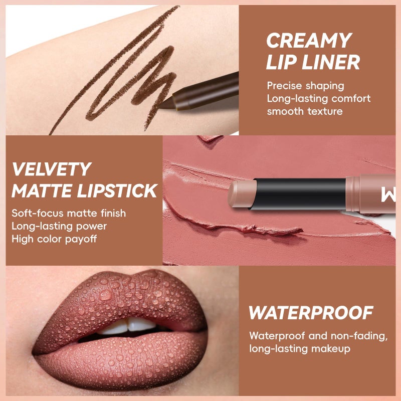 Noerrors 2PCS Gradient Lip Liner and Lipstick Lip Combo Set for Women, Brown Plumping Lip Liner Pencil & Nude Matte Lip Balm, Waterproof Long-Lasting Smudge-Proof Velvet Lip Makeup Kit for beginner - Image 3
